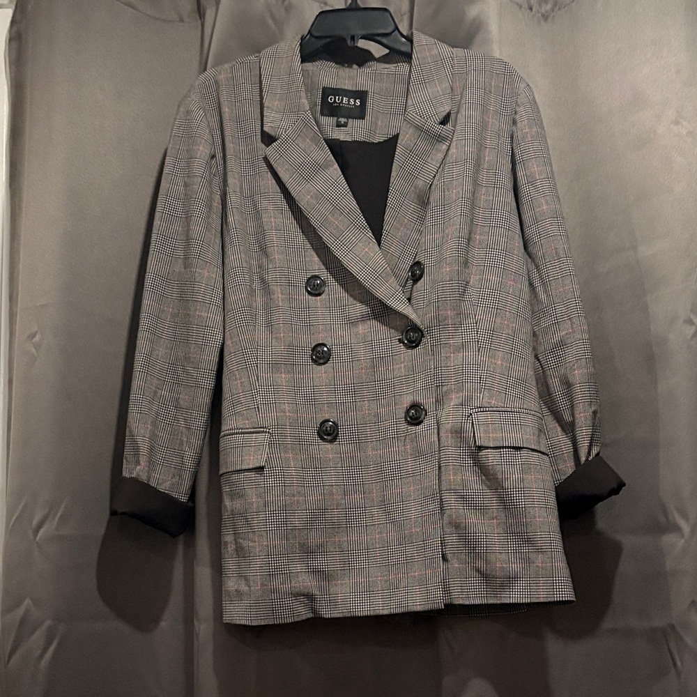 Guess Women's Black and Gray Checkered Blazer